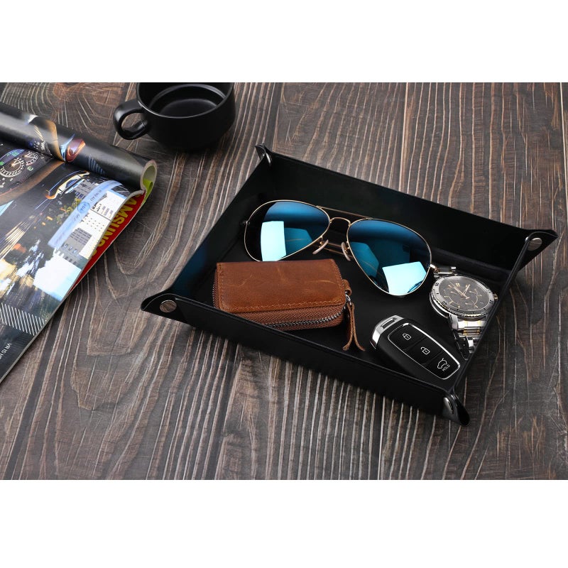 Luxspire Valet tray, PU Leather Tray, Catchall Tray, Men Women Jewelry Key Tray, Desk Storage Plate for Key Coin Phone Jewelry Wallet, Medium Size - Black - Image 4